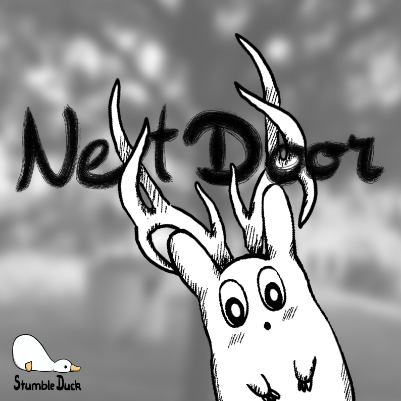 Key Art Poster of Next Door. Showing the title, a courious looking spirit and the StumbleDuck logo